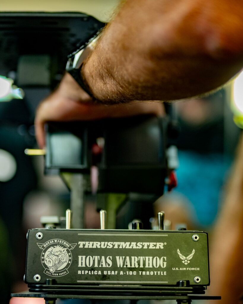 Close-up of Thrustmaster HOTAS Warthog flight simulator throttle used in SimPro Academy Phuket’s aviation setup