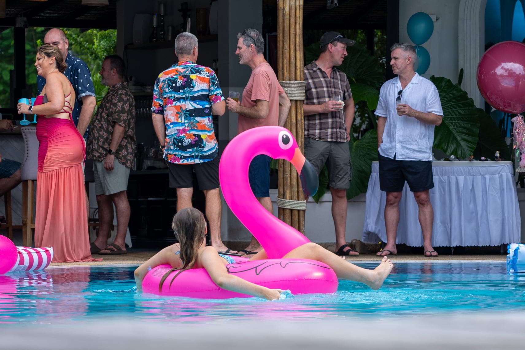Guests celebrating at a poolside birthday party at Soho Pool Club, Boat Lagoon Marina, Phuket